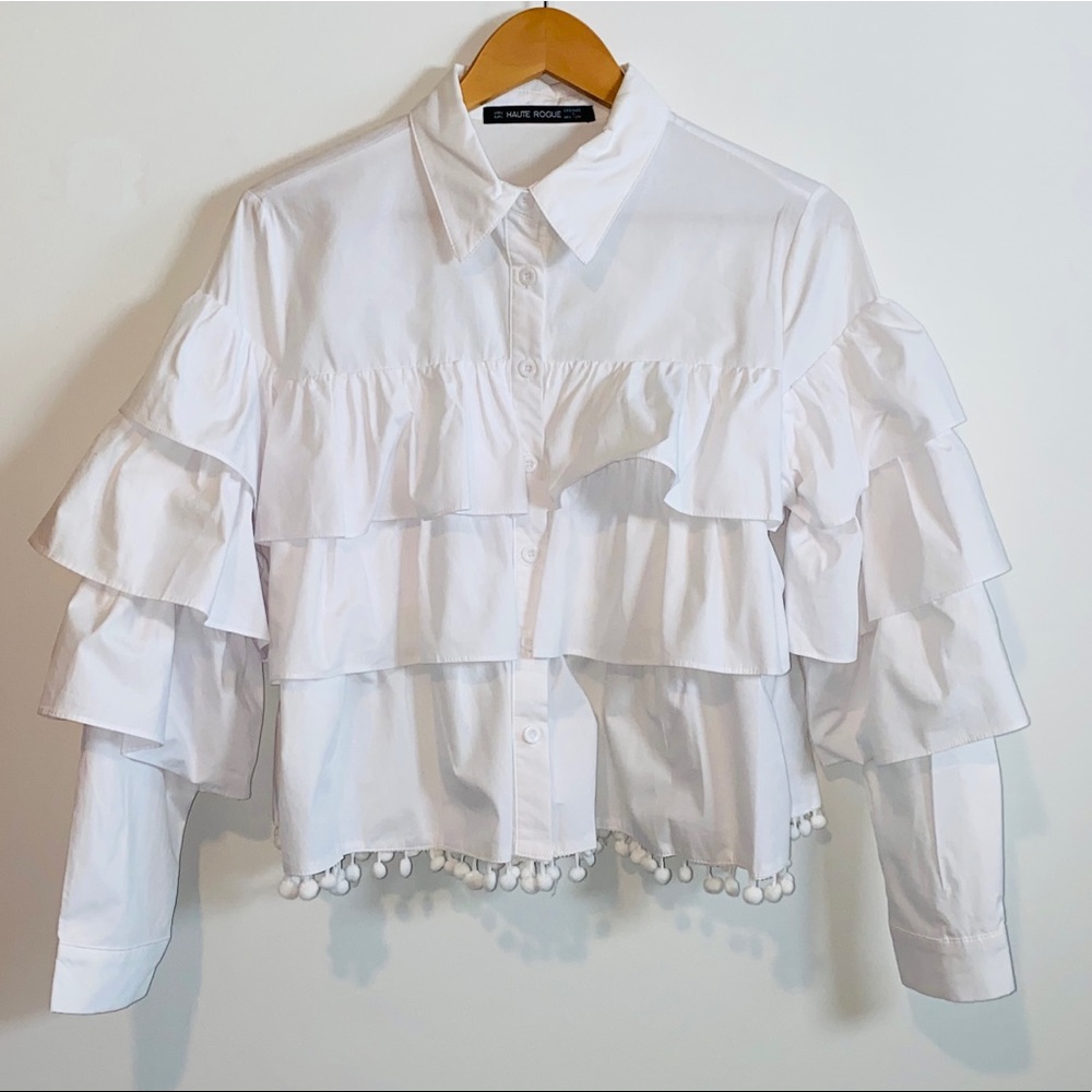 White Button Down Tiered Ruffle Collared Top By H… - image 3